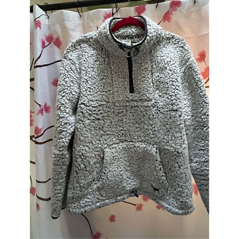 NWT VICTORIA'S SECRET PINK SHERPA QUARTER ZIP MARL GRAY PULLOVER SWEATER LARGE